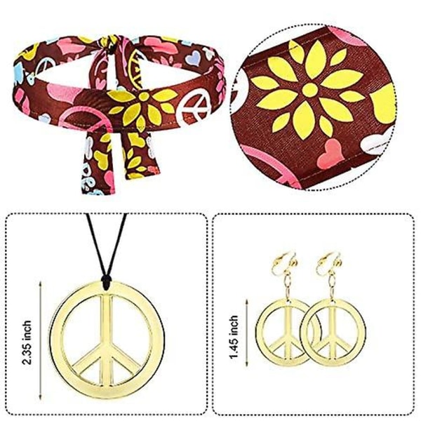 Dam Hippie Kläder Set Peace Logo Örhängen Halsband Pannband Klänning Ankelstrumpor (storlek L)