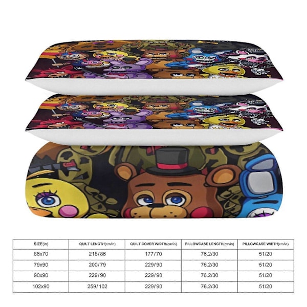x253 Five Nights at Freddy's FNAF Dynebetræk Mikrofiber Sengelinned Sæt 3D Printet Letvægts 3 Dele Dynesæt, 1 Dynebetræk Og 2 Pudebetræk 200x200cm 78x78in