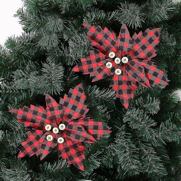 Julepynt Bomuld Rød Og Sort Gitter Juleblomst Diy 5stk Rød