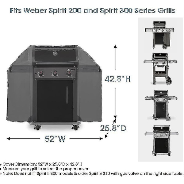 52 tuuman grillihuopa Weber Spirit 200 ja 300 -sarjoille, Bbq-grillin suoja ulkogrillille, Raskaan sarjan vedenpitävä Bbq-suojus, Haalistumaton grillikangas