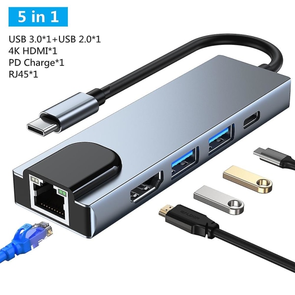 5 i 1 typ C-docka USB C Hub 3.2 Splitter Multiport Adapter för bärbar dator Macbook Ipad Xiaomi
