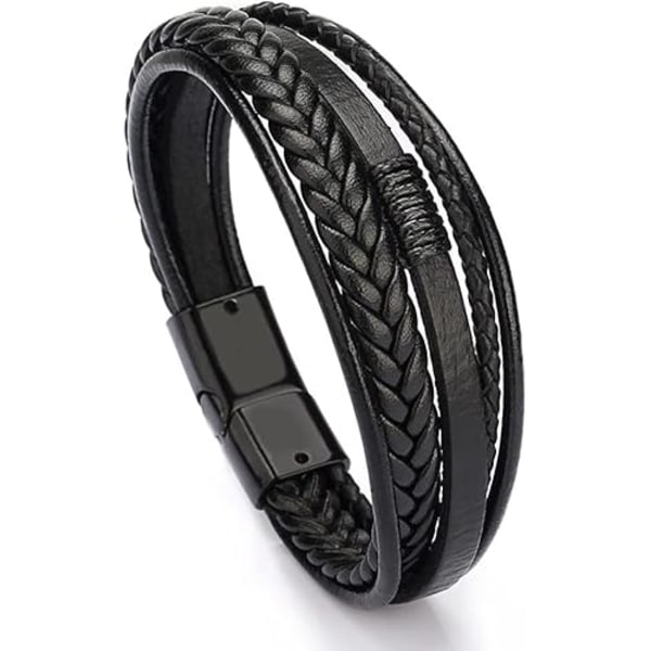 Herrearmbånd i ægte læder - Unisex læderarmbånd med flettet flerlags magnetlås - Reb armbånd til mænd og kvinder