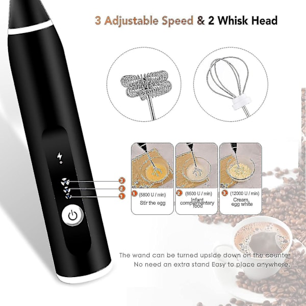 Melkeskummer, USB-oppladbar melkeskummer elektrisk visp for kaffe, latte, cappuccino, varm sjokolade, visp egg