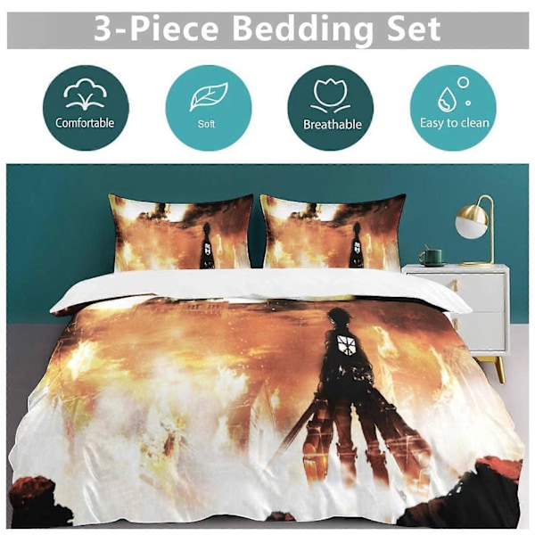 v1090 Attack On Titan Täcke Set Tjockt Mjukt 3 Delars Sängklädesset Året Runt Täcke med 2 Örngott för Vuxna Kvinnor Flickor Tonåringar Hem Rum Deco 200x200cm 78x78in