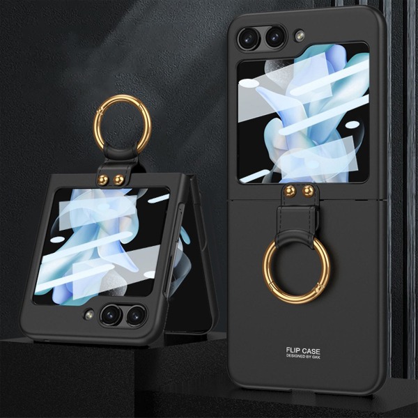 Case on yhteensopiva Samsung Galaxy Z Flip 5:n kanssa, kova PC:n ohut cover , rengaspidike ja ulkonäytön karkaistu kalvo Black For Galaxy Z Flip 5