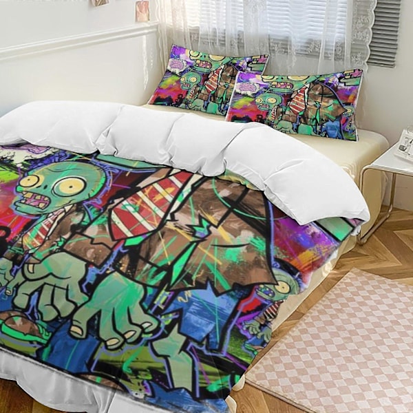 v1469 Plants Vs Zombies Dynesett Tykkere Myk 3 Deler Sengetøy Sett Helårs Dynetrekk med 2 Putetrekk for Voksne Kvinner Jenter Tenåringer Hjem Rom De 135x200cm 53x78in