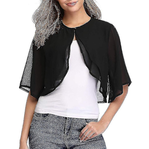 Kvinde Kort Cardigan Chiffon Top Åben Front Bolero Shrug Kortærmet Crop Tops Black XL