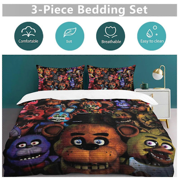87v Five Nights at Freddy's 3-delt sengesett Varmt og komfortabelt mykt dynetrekk sengesett med 1 dynetrekk og 2 putetrekk for gutter jenter 135x200cm 53x78in