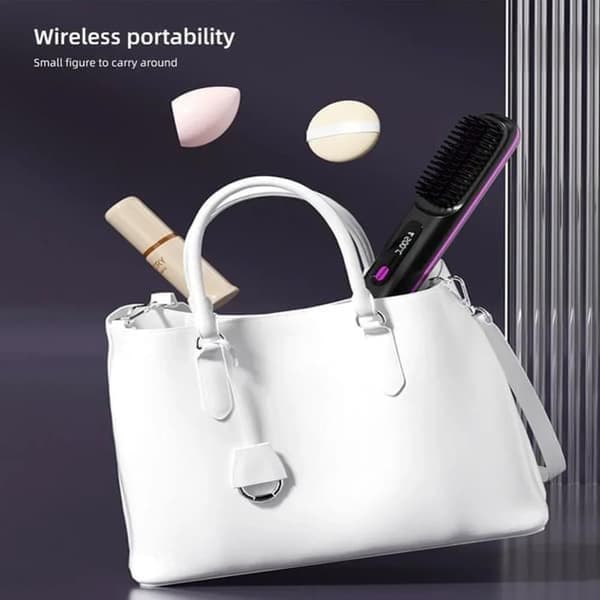 Wireless Hot Brush / Straightening Brush - Electric Ceramic Brush with USB, LCD and Ion Function, Rechargeable - Black