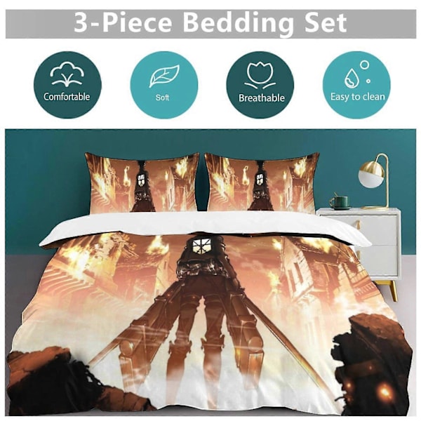 v1172 Attack On Titan Täcke Set Tjockt Mjukt 3 Delars Sängklädesset Året Runt Täcke med 2 Örngott för Vuxna Kvinnor Flickor Tonåringar Hem Rum Deco 200x200cm 78x78in