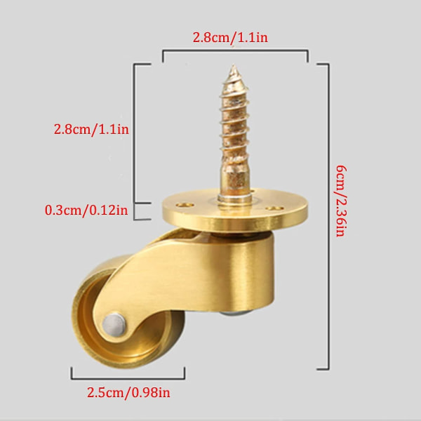 Set med 4 solide messing universelle hjul 360swivel møbelhjul møbelhjul 25*60mm(diameter * høyde)