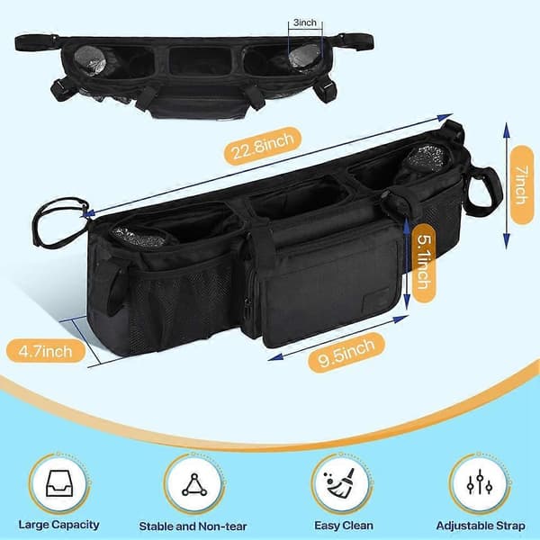 Double Stroller Organizer for Bob Duallie and Baby Jogger City Mini GT2, Double Stroller with 2 Cooler Pockets Svart