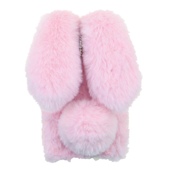 Blødt Håndlavet Fluffy Plysset Sød Kanin Stilfuld Etui Rhinestone Bueknude TPU Skal til iPhone 13 6,1 tommer - Pink