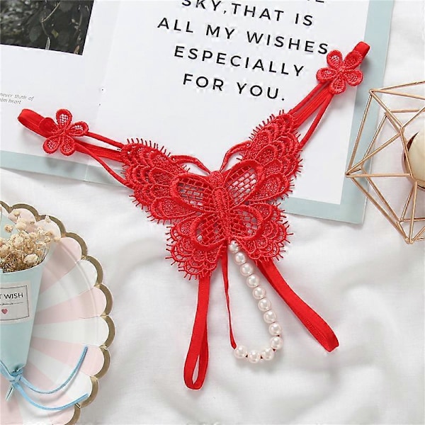 Kvinders Åbne Skridttrusser til Sex Unerwear Sexy Pearl Tanga Gennemsigtig Butterfly Erotisk Lingeri G-streng Skridtløs Briefs Red One Size