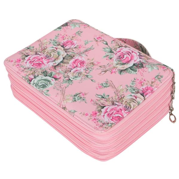 Pencil Case with Rose Pattern, Multi-layer Zipper, 252 Slots, Portable Pen Holder, Storage Pocket (Pink Background Rose)