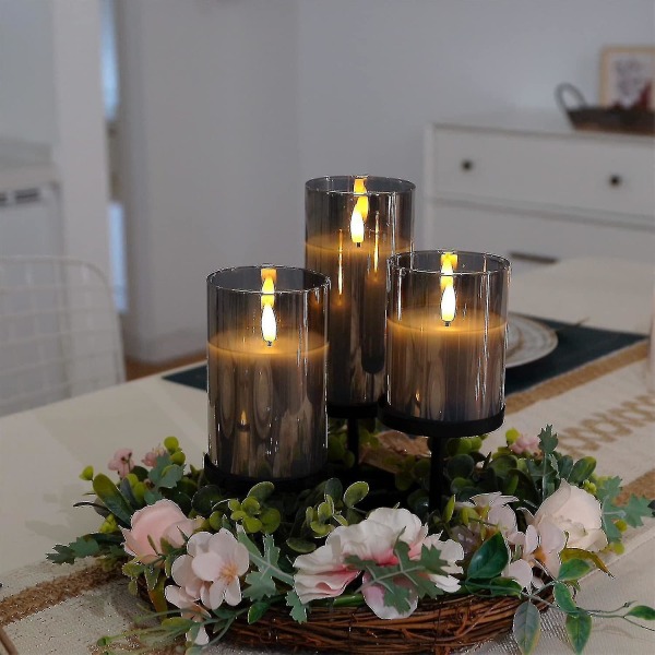Glass Led Flameless Candles, Battery Candles, Pillar Candles Battery Operated With Remote Control And Timer, Electric Candles, Wax+grey Glass, Set Of