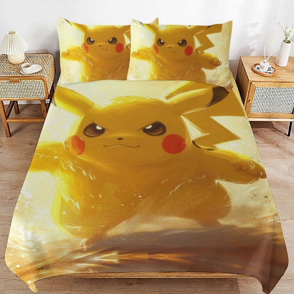x262 Pi-ka-chu Dynebetræk i Mikrofiber Sengelinned Sæt 3D Printet Letvægts 3 Dele Dynesæt, 1 Dynebetræk og 2 Pudebetræk til Børn Drenge G 135x200cm 53x78in