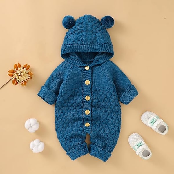 Nyfødt baby jente strikket jumpsuit med lue en-stykke klær genser romper for 0-24 måneder 66 Blue