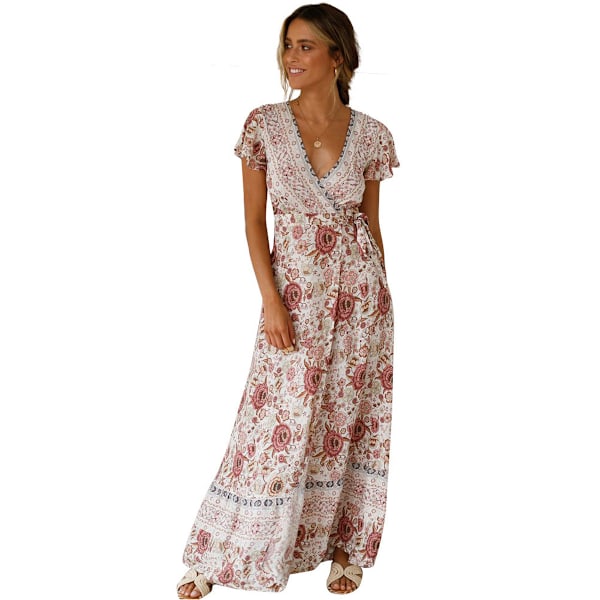 Boho midi-mekot, rento kukkakuvio, V-pääntie, lyhythihaiset, puuvilla, kesämekot naisille XL