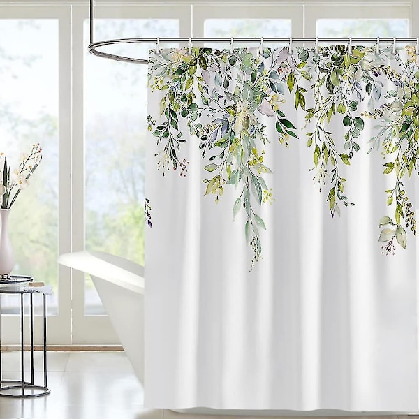 Stof bruseforhæng, grønne blomster badeværelse bruseforhæng skimmel og meldug resistent med kroge, 180 x 180cm vandtæt polyester, vægtet søm, Wa