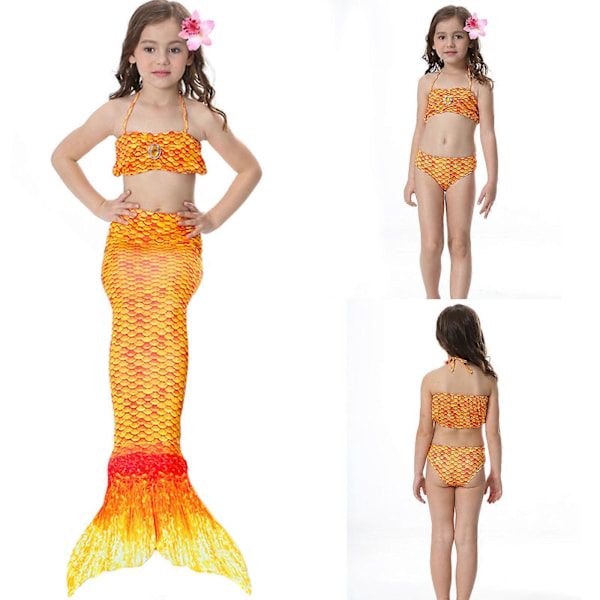 Barnflickor Sjöjungfru 3-Delars Set Cosplay Kostym Fisksvans Bikini Baddräkt Orange 4-5 Years