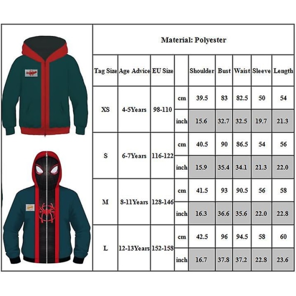 Verse Miles Morales Cosplay Full Zip Hoodies Jakke Spiderman Into The Spider Hooded Coat Boys Girls Kids Casual Outerwear General style 8-11 Years