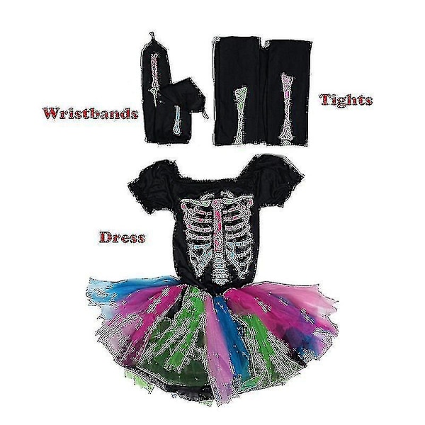 Flickskelett Tutu Klänning Funky Punky Bones Cosplay Halloween Kostym för Barn Dag Av De Döda Gotisk Skalle Maskeraddräkt XL