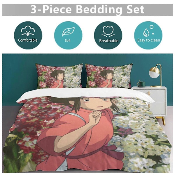 132v Spirited Away 3-delt sengetøysett Varmt og komfortabelt mykt dynetrekk sengesett med 1 dynetrekk og 2 putetrekk for gutter jenter barn voksen Be 240x260cm 94x102in
