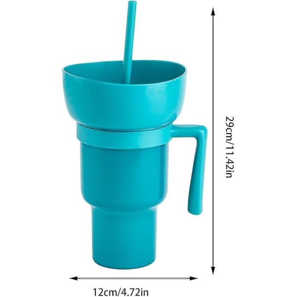 Snack och dryckeskopp 2 i 1, Stadium Tumbler, Snackkoppskål med sugrör, återanvändbar snack och dryckeskopp, stänksäker läckagesäker bärbar snackkopp, 2-lagers Blue