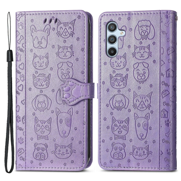 For Samsung Galaxy A54 5g Pu Lær Lommebok Deksel Preging Katt Hund Mønster Anti-ripe Telefon Stativ Etui Purple