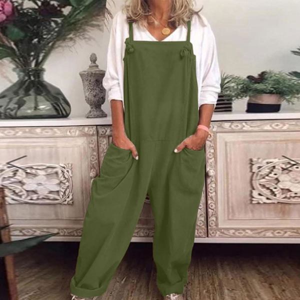 Dame Overalls Casual Løs Dungarees Romper Baggy Playsuit Bomuld Og Linned Jumpsuit Green S