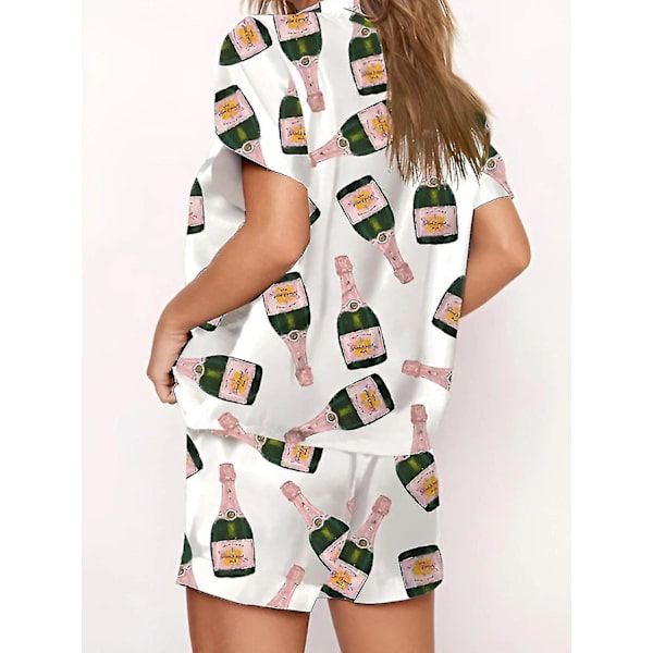 Champagne Flasker Knap Pyjamasæt til Kvinder Trykt Kortærmet 2 Dele Blødt Løst Casual Nattøj  TA XL