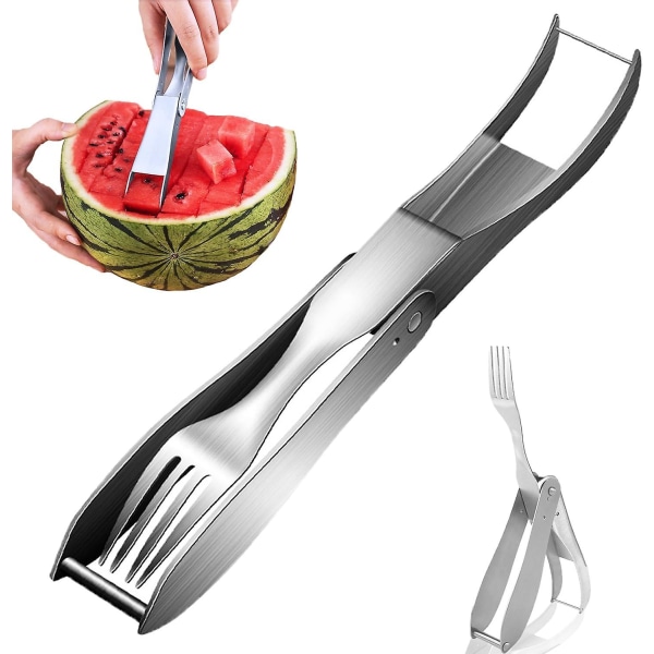 Vattenmelon Slicer Cutter, 2 i 1 Vattenmelon Gaffel Slicer Cutter Melon Slicer, Bärbar vattenmelon Slicer i rostfritt stål Slicer Fruit Forks Slicer Silver