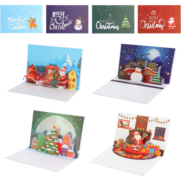 4 STK 3D dejlige julehilsenskort, julepapir pop-up kort til børnefamilien