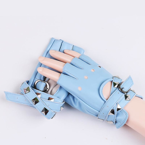 New Women's Half-finger Glovespole Dancing Leather Gloves blue One size fits all