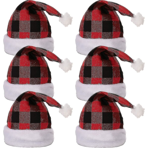 6 Pack Christmas Santa Hat Plaid Santa Hat Luxury Plush Hat For Christmas Costume, Christmas Party Supplies, Holiday Party Favors