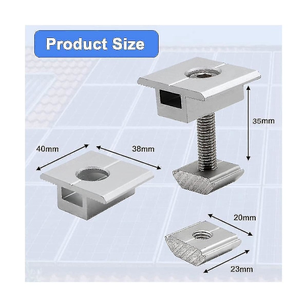 Pakke med 10 solcellepanelbraketter, senterklemme, 35 mm, T-formet PV-modulbrakettklemme, høydejusterbar