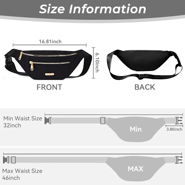 Fanny Pack Muodikas vyölaukku Rentouttava matkavatsalaukku 3 vetoketjutaskulla naisille ja miehille urheilujuoksu vaellus (Musta)