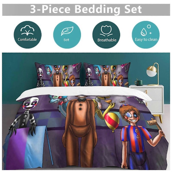 v1310 Five Nightat Freddy Quilt Sæt Tyk Blød 3 Dele Sengesæt Helårs Dynebetræk med 2 Pudebetræk til Voksne Kvinder Piger Teenagere Hjemmeværelse 240x260cm 94x102in