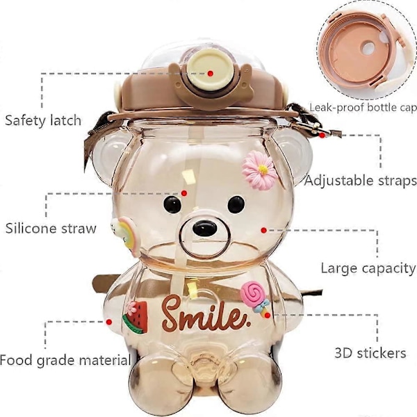 Søte Vannflasker med Sugerør, 3D Søte Klistremerker og Justerbar Stropp, Kawaii Bjørn Vannflaske for Barn Kvinner Jenter Brown 45 oz