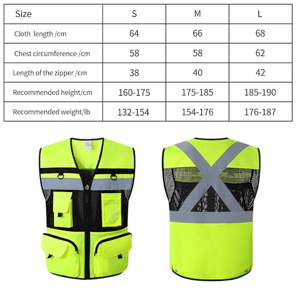 Reflekterende sikkerhedsvest med høj synlighed, lynlåslomme, sikkerhedsveste, meshfor, åndbar, hudvenlig og slidstærk, S-størrelse, fluorescerende gul L