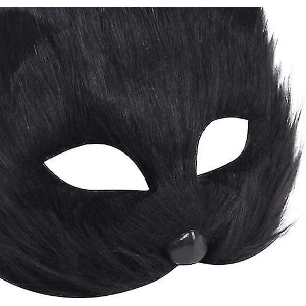 Plys Kat Ræv Maske, Therian Masker, Realistiske Katte Masker, Halv Ansigt Dyremaske, Pelsagtig Fest Kat Maske Maskerade Maske, Cosplay Kostume Black