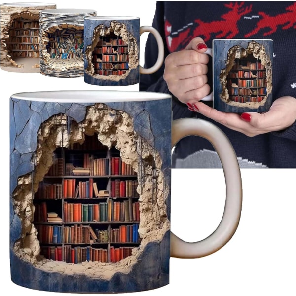 3d bogreol krus, 3d effekt bog krus, kreativt rum design multi-formål keramik krus, kaffe krus gave til bog elskere A