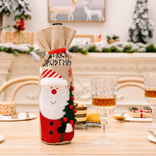 Julevinflaskepose Julemand Snemand tegneseriemønster imiteret linned julesækpakning til festival Santa Claus