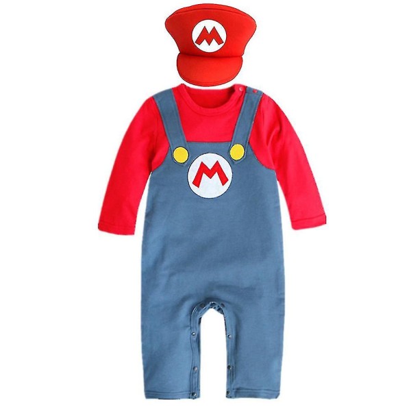 Super Mario Bros Baby Cosplay Crawling Suit Romper Jumpsuit Mario Luigi Cosplay Kostume Hat Sæt Red 3-9M
