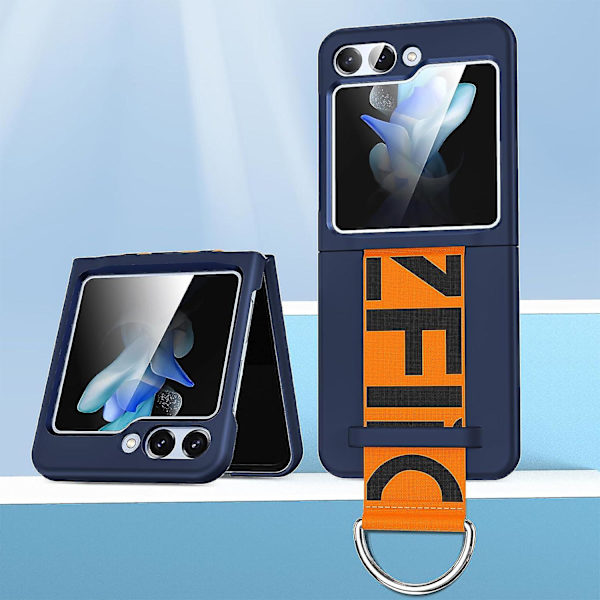 Til Samsung Galaxy Z Flip 5 Etui Med Ring Håndstrop, Slank Hård Pc Anti-scratch Stødsikkert Beskyttende Cover Blue For Galaxy Z Flip 5