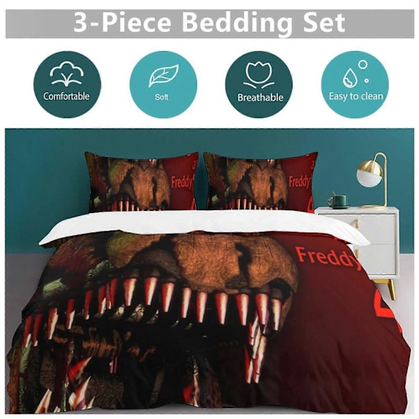 v1503 Five Nightat Freddy Quilt Sæt Tyk Blød 3 Dele Sengesæt Helårs Dynebetræk med 2 Pudebetræk til Voksne Kvinder Piger Teenagere Hjemmeværelse 240x260cm 94x102in