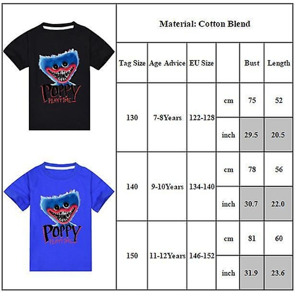 Kids Poppy Playtime Print T-shirt Sommar Kortärmad Crew Neck Casual Tops Tee Blue 9-10 Years