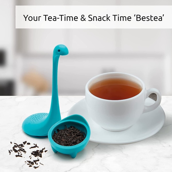 Løs te-infuser (turkis farve) - dinosaur te-filter med blødske - langhåndet hals