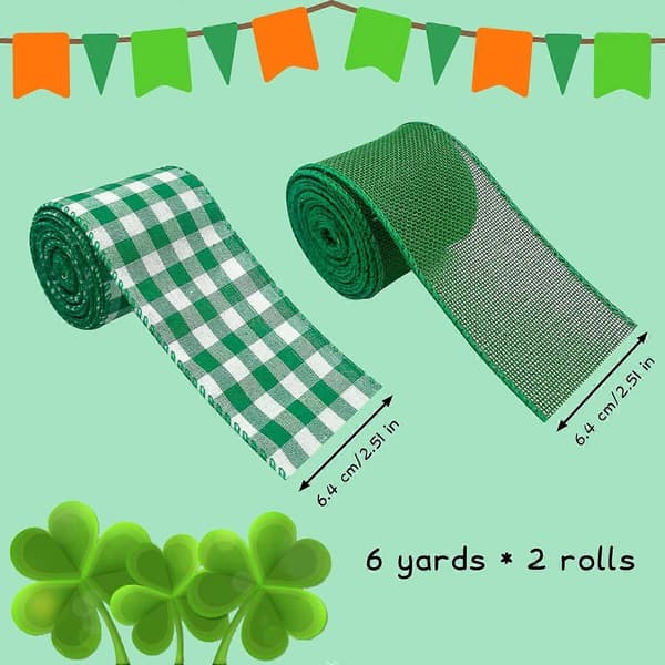 2 ruller bånd med kanttråd 2,5 tommer bredt bøffelternet og grønt til St. Patrick's Day-håndværk